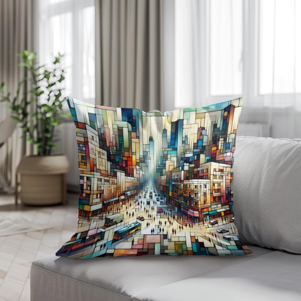 HOME ART HAVEN Cotton Cushion featuring a vibrant cityscape design for modern home decor
