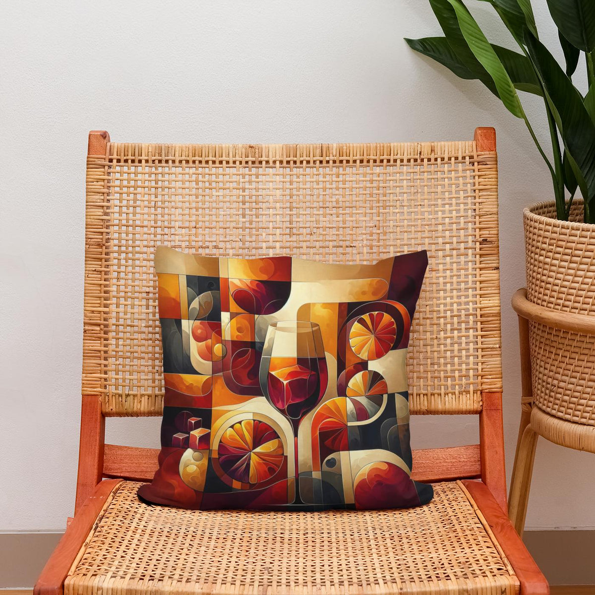 Colourful Cotton Cushion with Abstract Design on a Wooden Chair