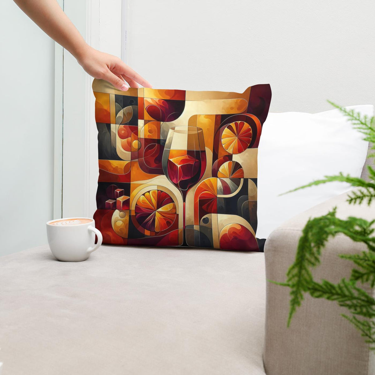 Colourful Cotton Cushion featuring abstract wine and fruit design, perfect for home decor