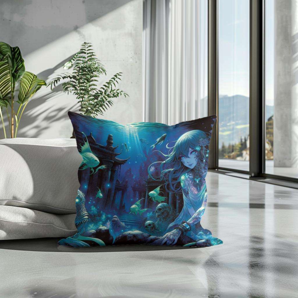 Colourful Cotton Cushion featuring a serene underwater scene with a girl and marine life