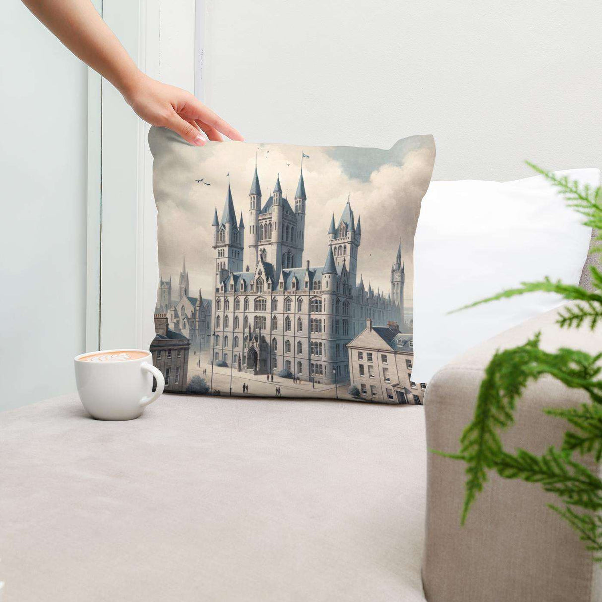 Artistic Cotton Cushion featuring a castle design, perfect for home decor and comfort