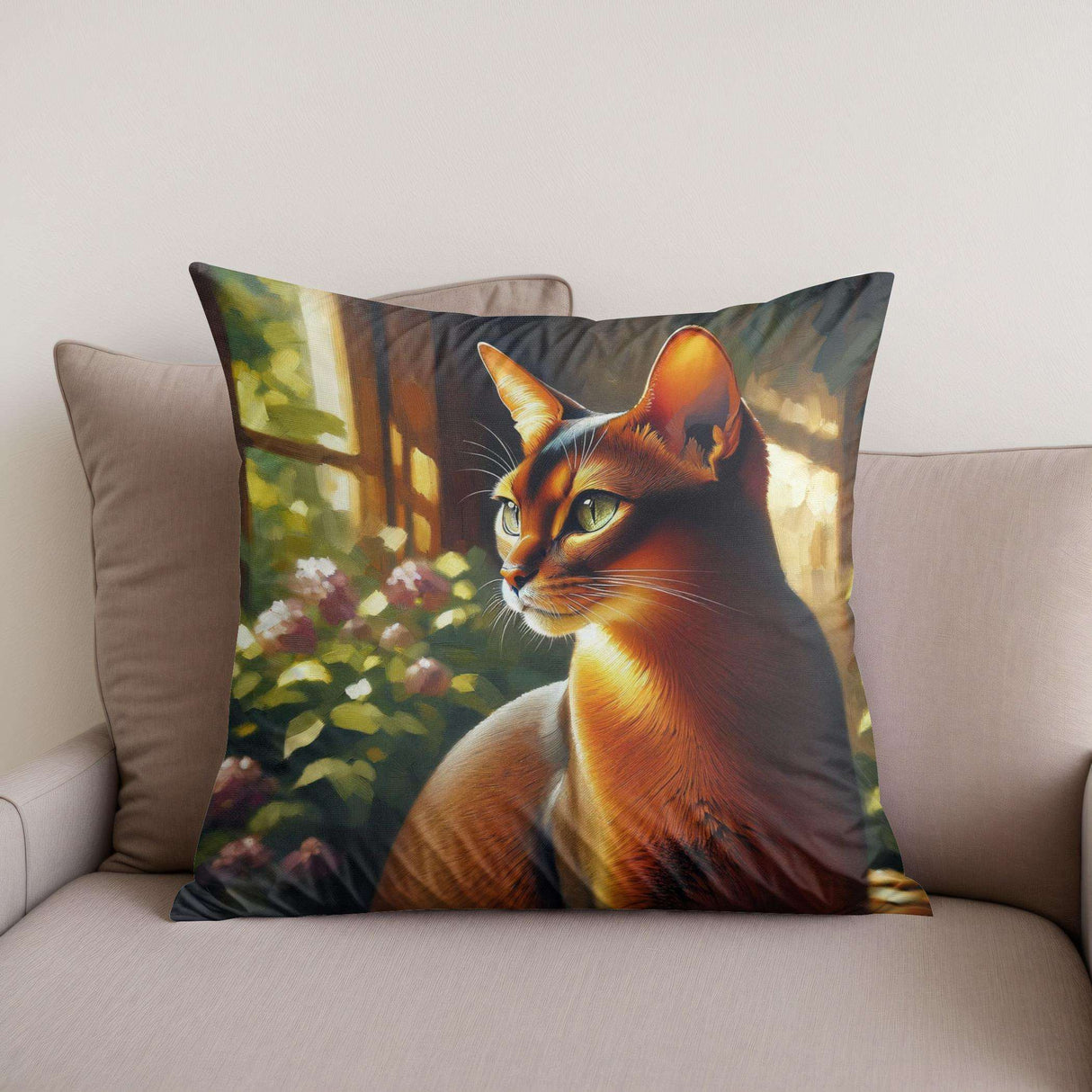 HOME ART HAVEN Cotton Cushion featuring a serene cat illustration in a vibrant setting