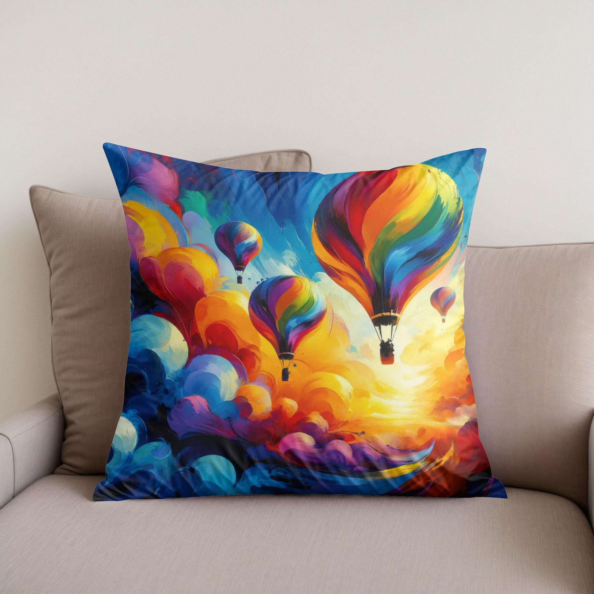 Vibrant Cotton Cushion with Colourful Hot Air Balloons Design on a Sofa