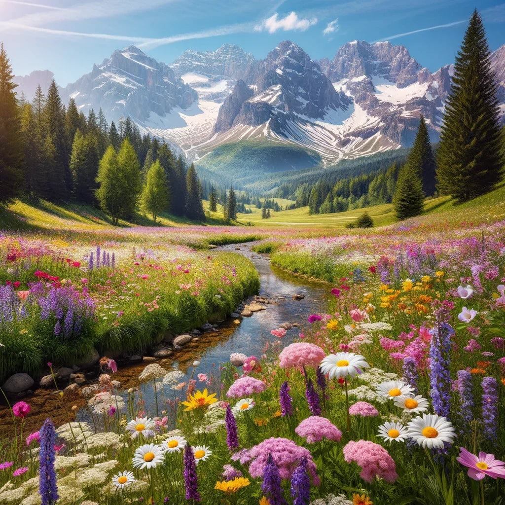 Vibrant meadow scene with flowers and mountains, featuring a cosy Cotton Cushion from HOME ART HAVEN