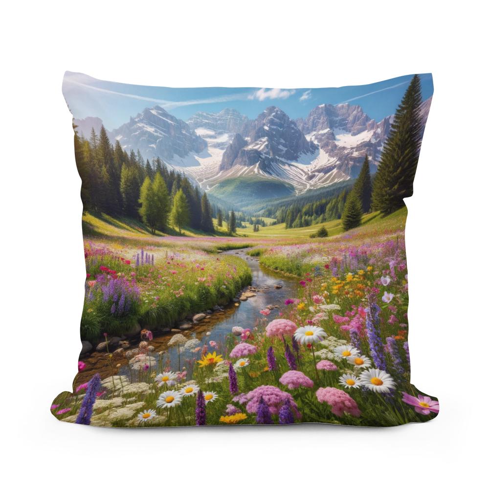 HOME ART HAVEN Cotton Cushion featuring a vibrant floral landscape with mountains in the background