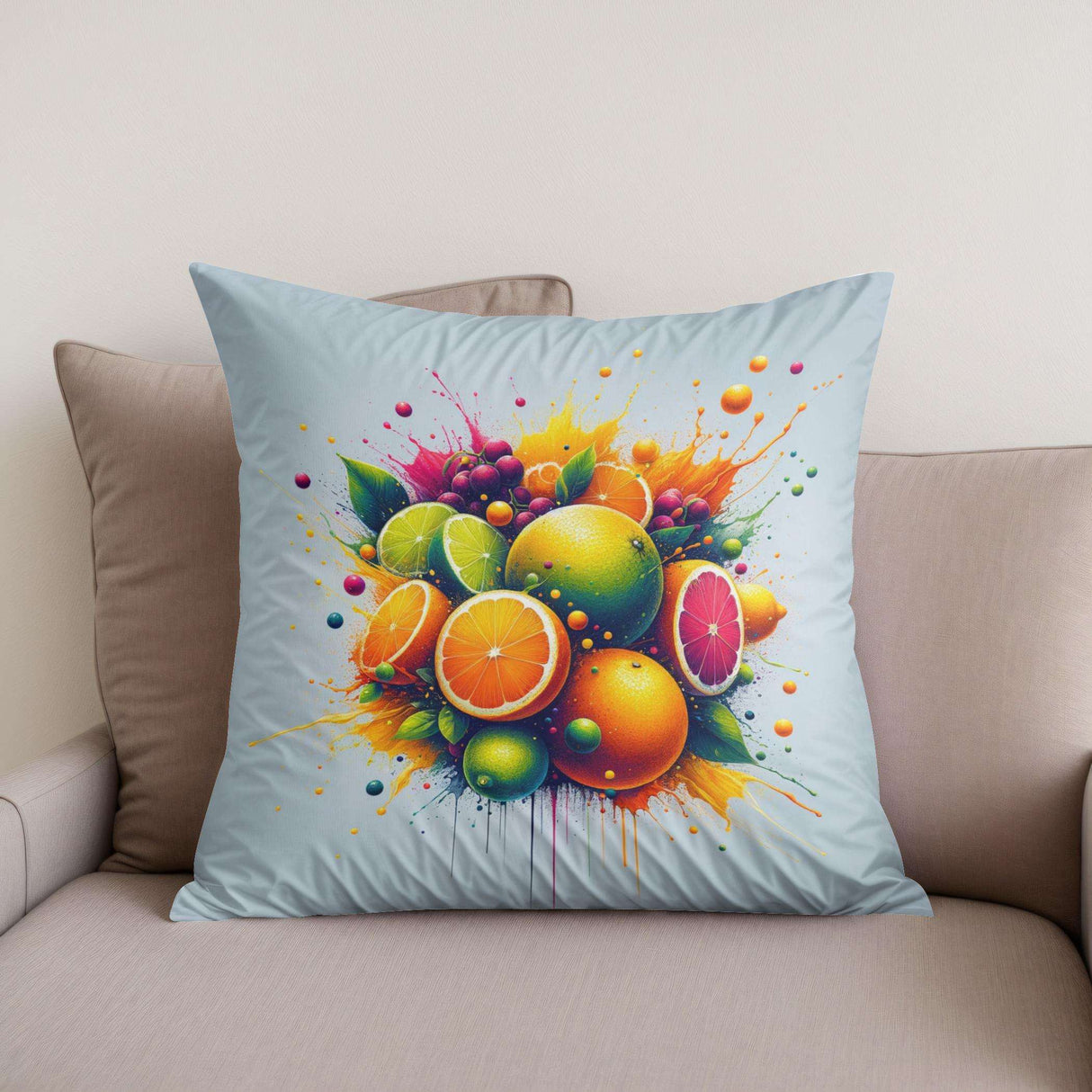 Vibrant Cotton Cushion with Colourful Fruit Splash Design for Home Decor by HOME ART HAVEN