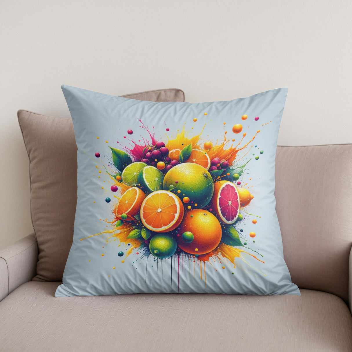 Vibrant Cotton Cushion with Colourful Fruit Splash Design for Home Decor by HOME ART HAVEN