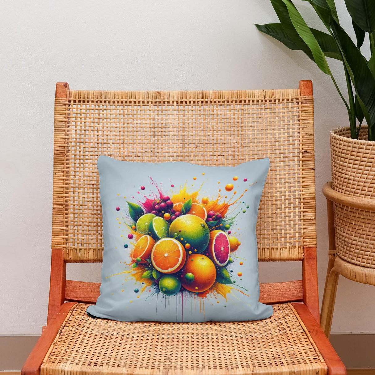 Colourful Cotton Cushion with a Vibrant Fruit Design on a Stylish Chair