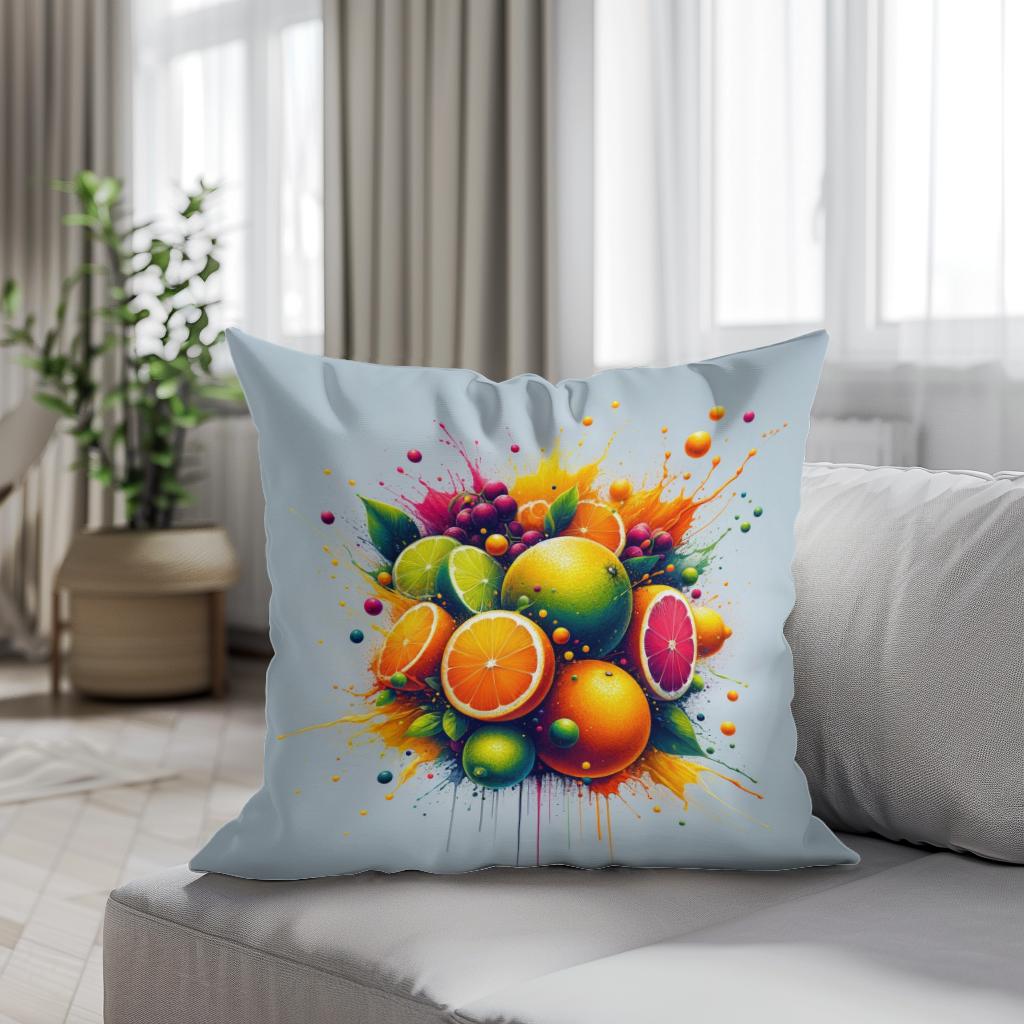 Colourful cotton cushion featuring a vibrant fruit design, perfect for home decor
