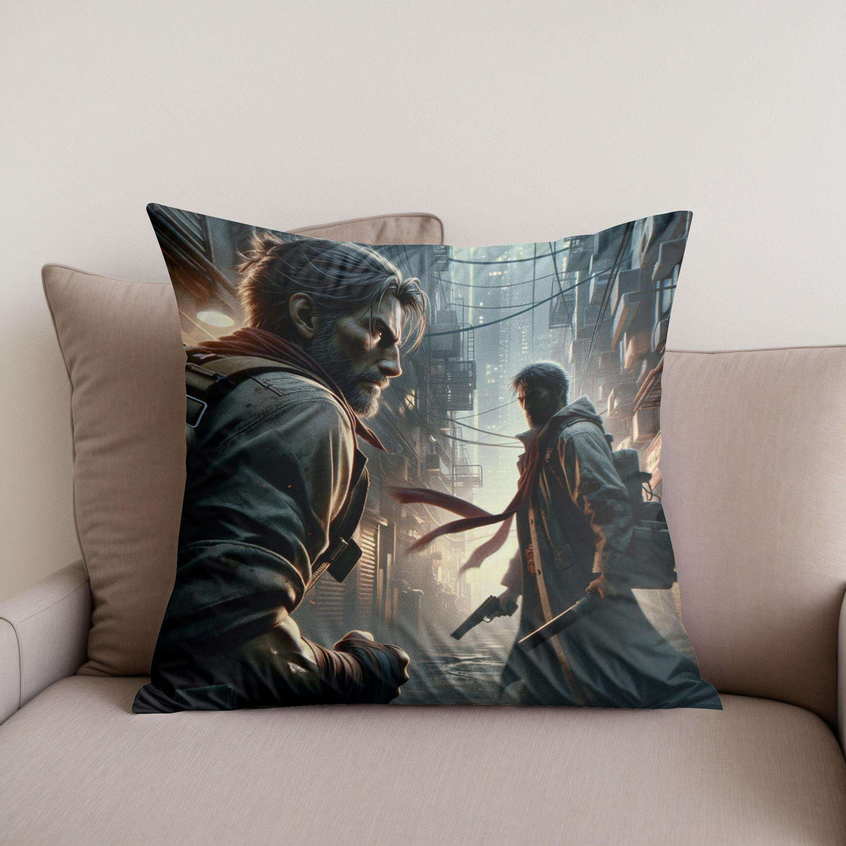 Cotton Cushion featuring a dynamic street art design with dramatic characters in an urban setting