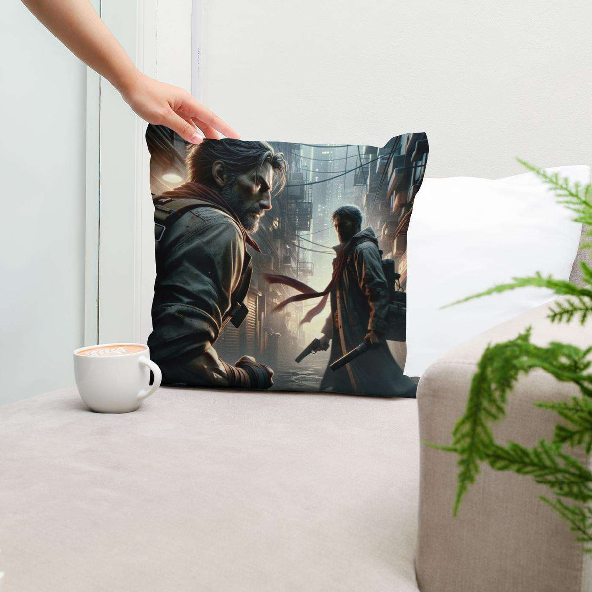 Cotton Cushion featuring a striking design of two characters in an urban setting for stylish home decor