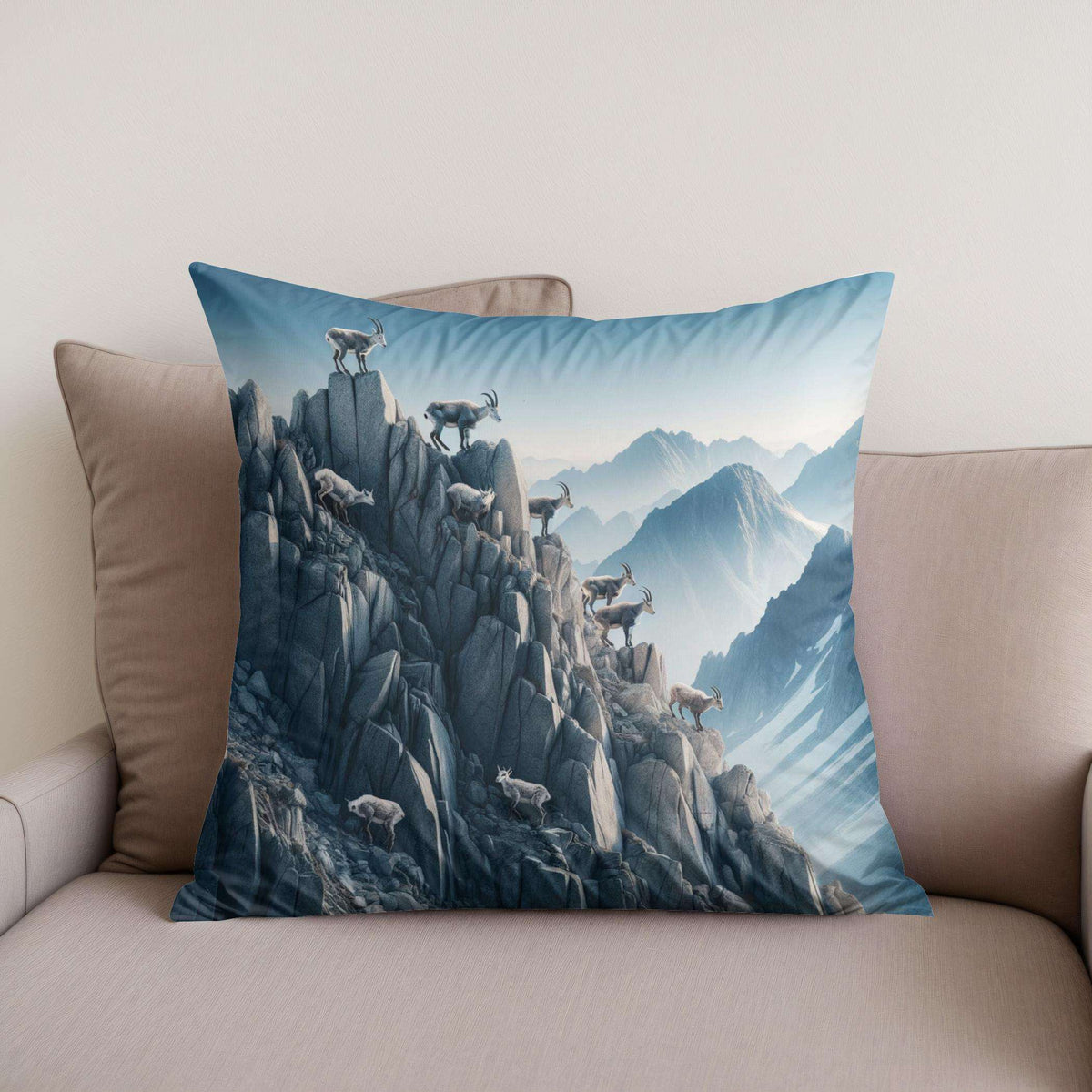 Cotton Cushion featuring a scenic mountain design with goats for a stylish home decor accent