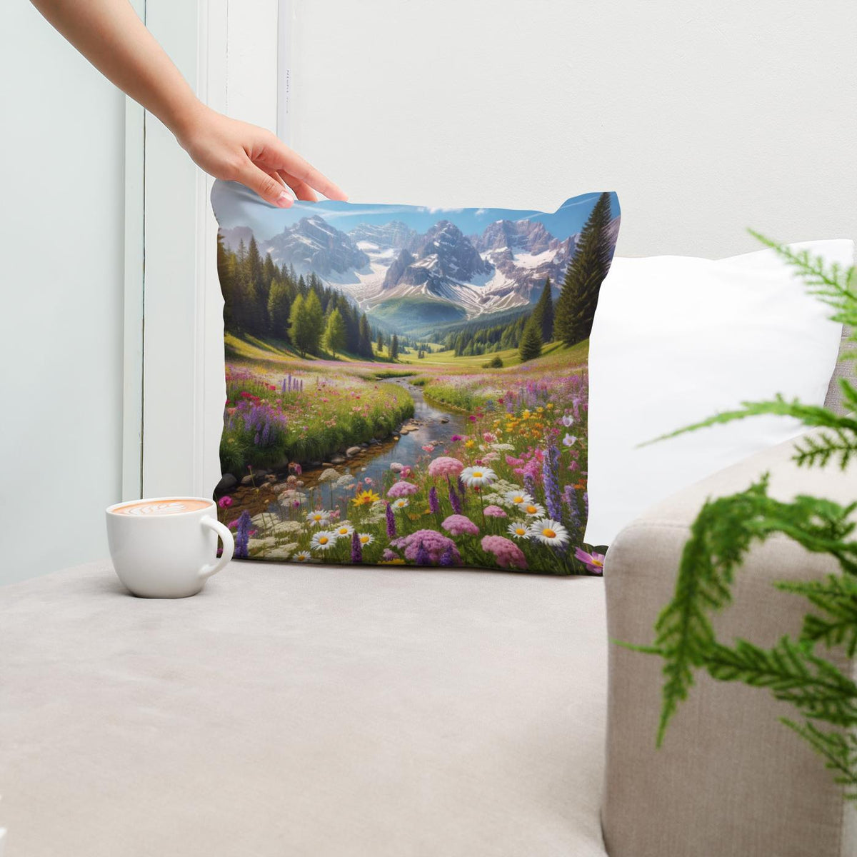 Scenic Cotton Cushion with a vibrant mountain and flower landscape design by HOME ART HAVEN