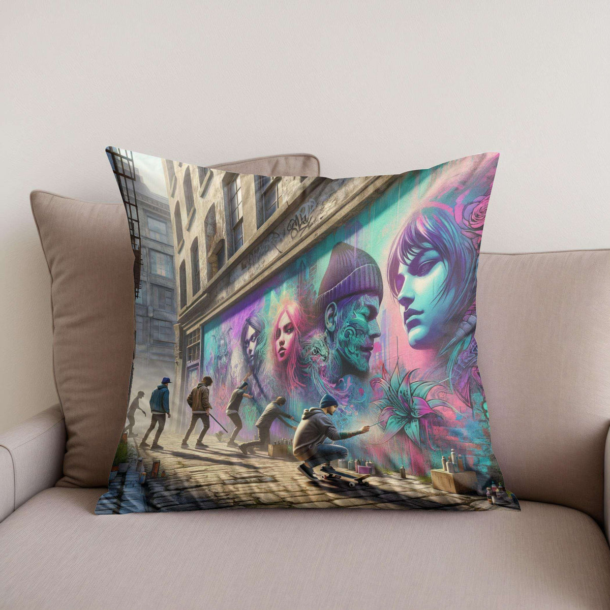 Colourful Cotton Cushion featuring Street Art Design, perfect for modern home decor