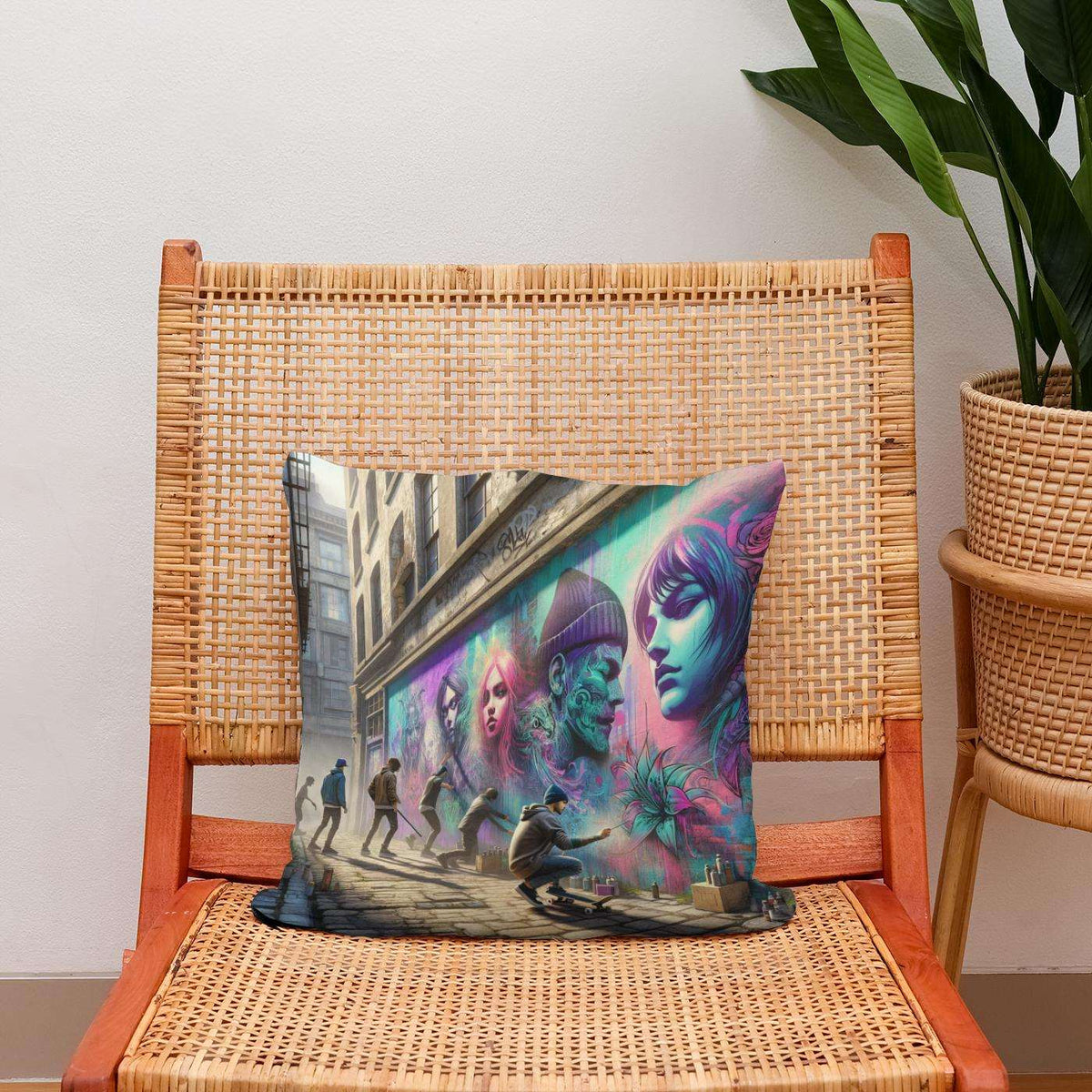 Vibrant Cotton Cushion featuring street art design, ideal for home decor enthusiasts