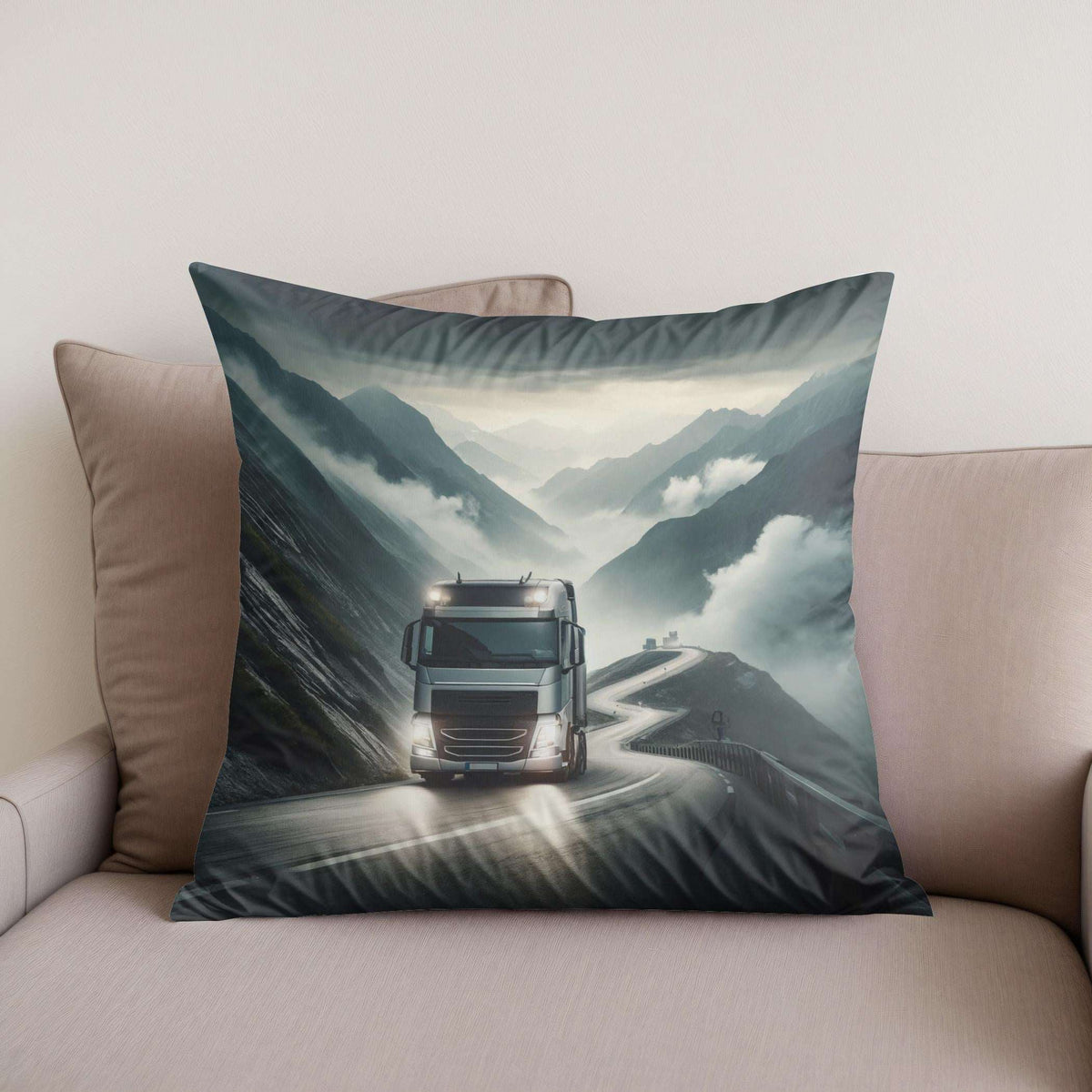 Cotton Cushion featuring a scenic design of a truck on a winding mountain road