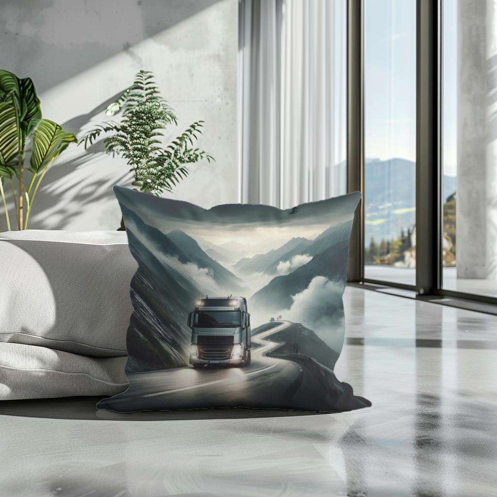 Grey Cotton Cushion featuring a scenic mountain landscape with a truck for modern home decor