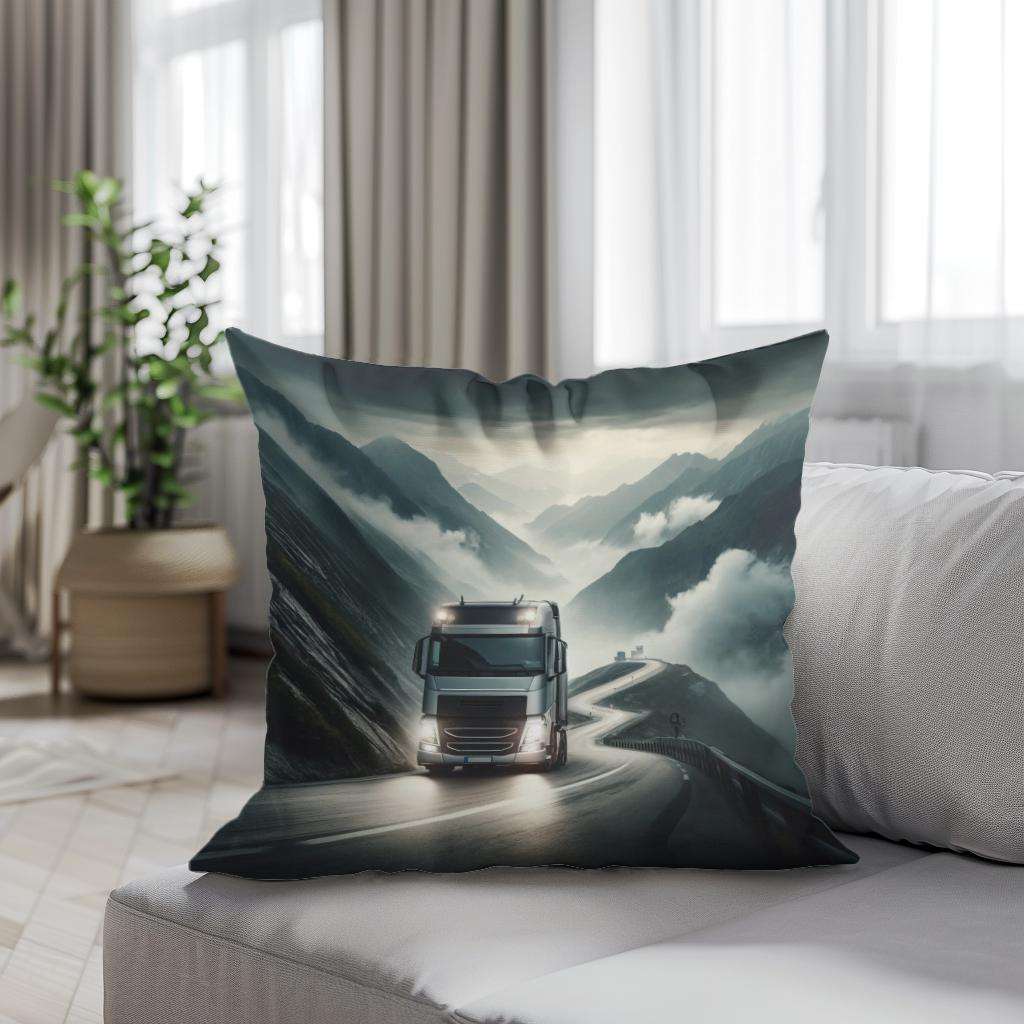 Scenic Cotton Cushion featuring a lorry on a winding mountain road for a stylish home accent