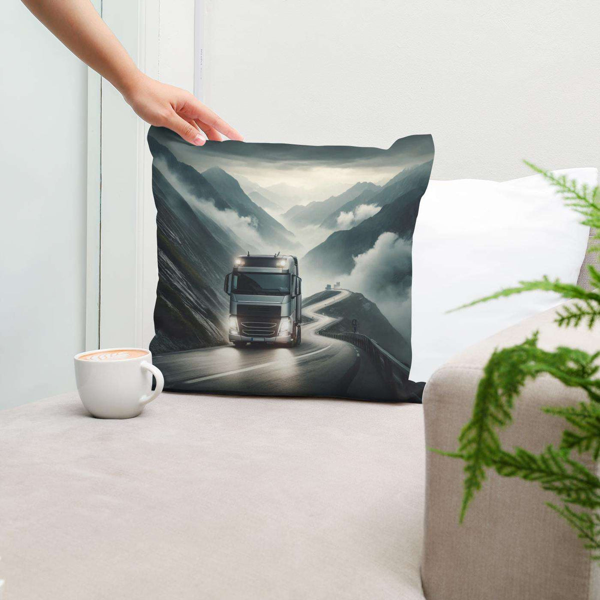 HOME ART HAVEN Cotton Cushion featuring a truck on a misty mountain road for stylish home decor