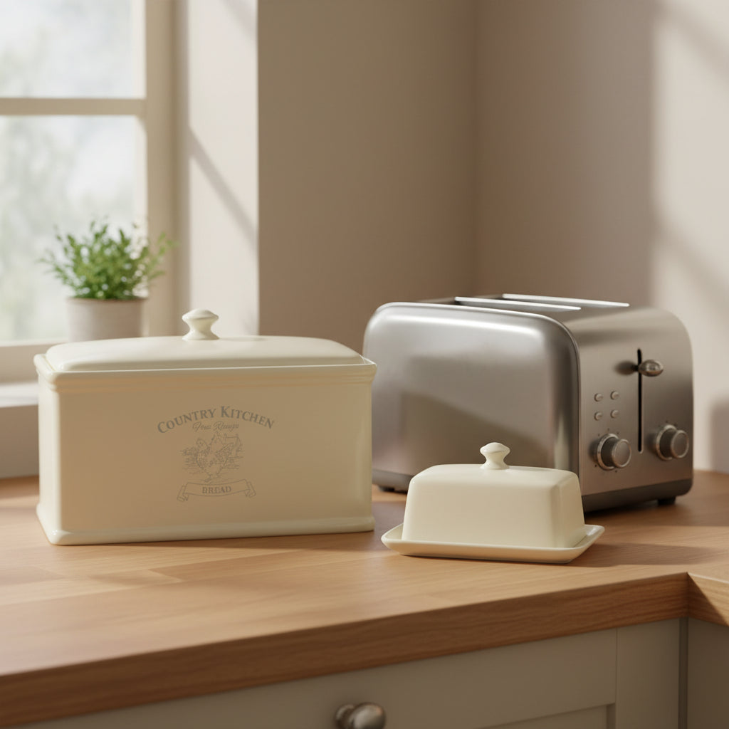 Orsina Cream Bread Crock with Classic Design Next to a Silver Toaster on Kitchen Counter
