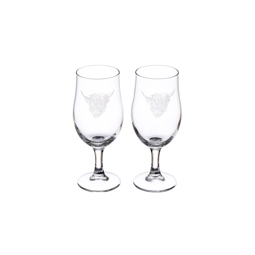 Set of two Selbrae House craft beer glasses featuring an intricate etched Highland cow design