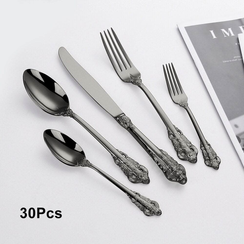 Kitchen Essentials Elegant Cutlery Set for Dining 30pcs Black A Kitchen Essentials