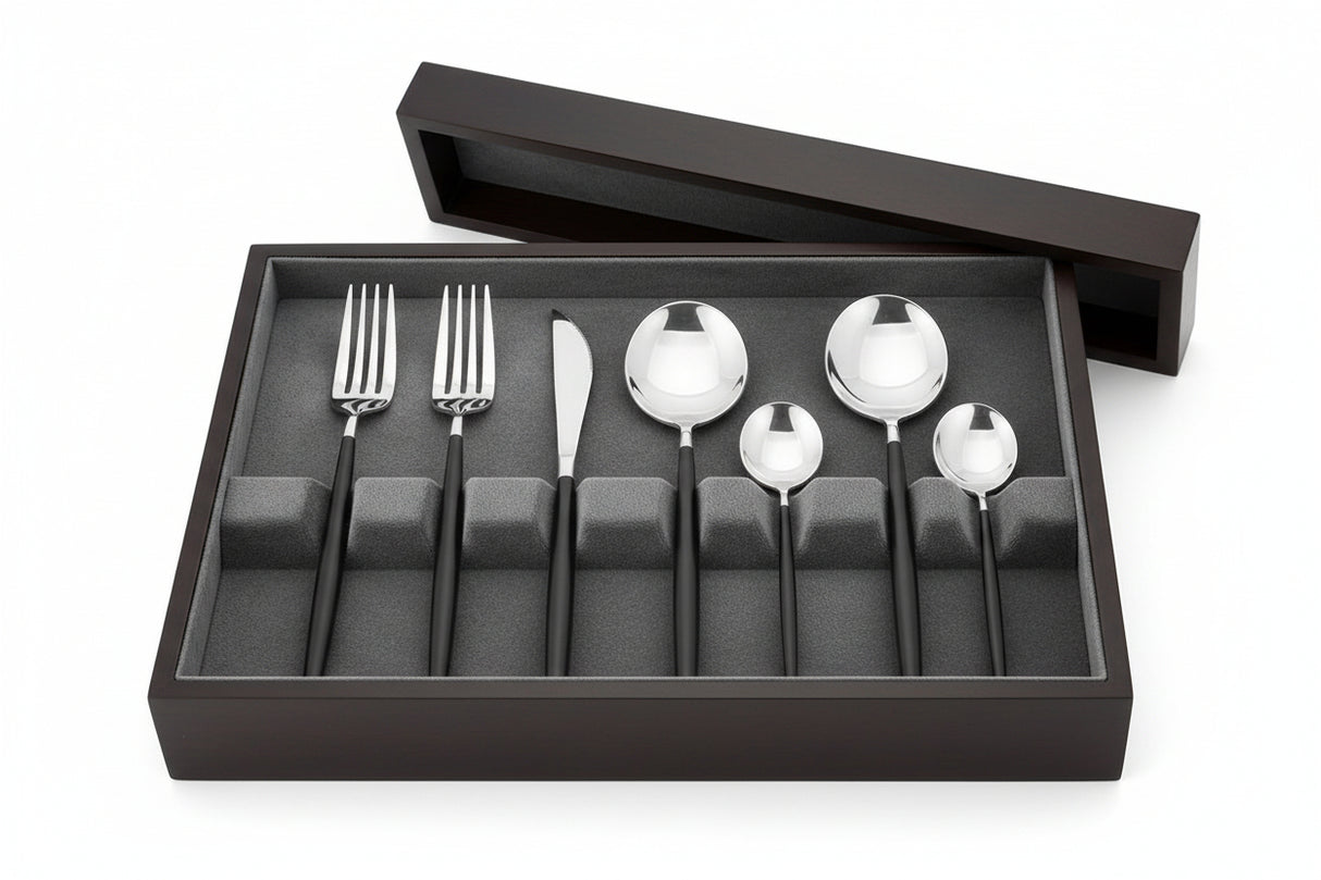 Avie 16 Piece Matte Silver And Black Cutlery Set Orsina