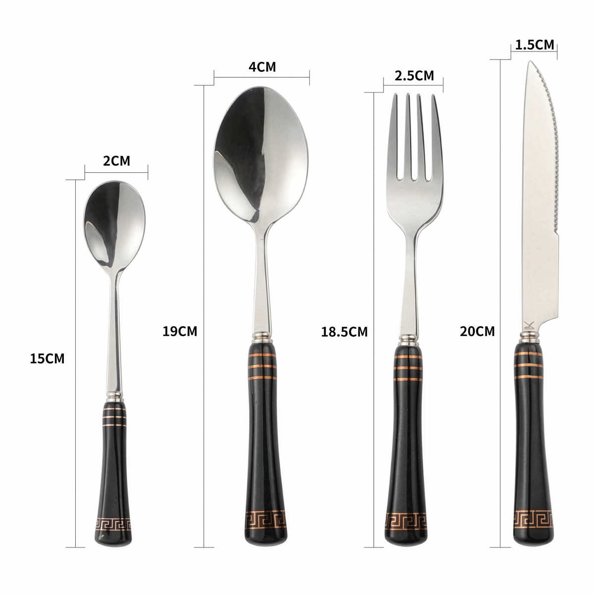 KitchBoom Cutlery Set featuring stainless steel utensils with black handles for elegant dining