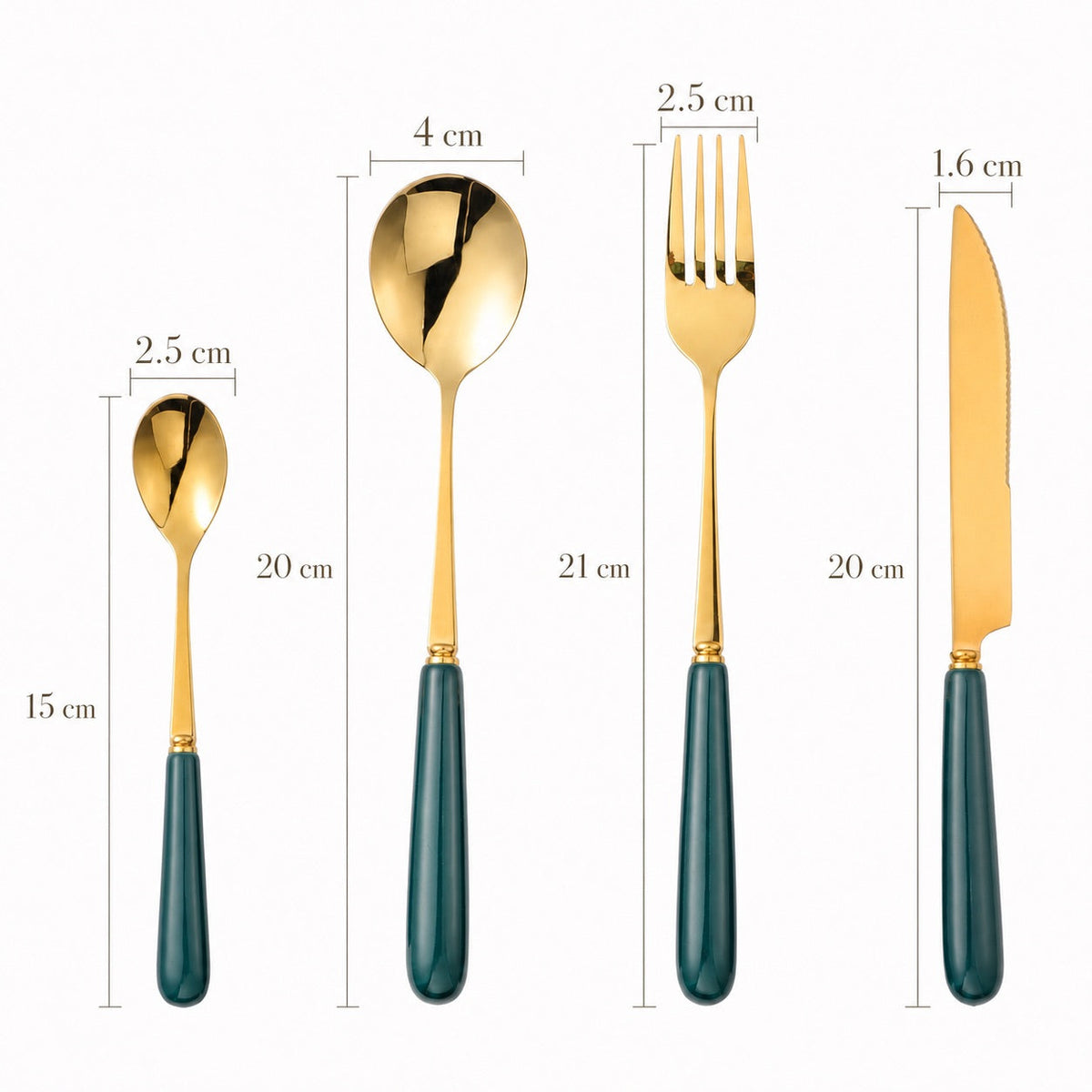 KitchBoom Cutlery Set featuring gold-finished utensils with teal handles for elegant dining