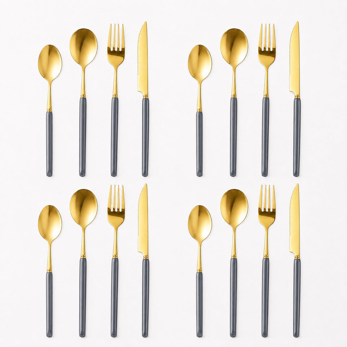 KitchBoom Cutlery Set in gold and grey, featuring forks, spoons, and knives for elegant dining