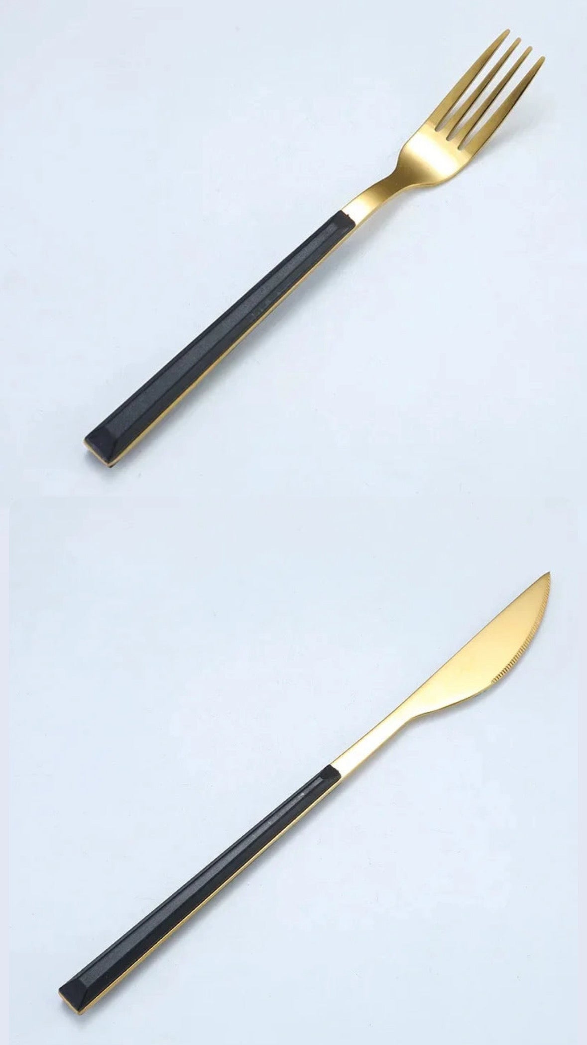 Elegant Nisu Home cutlery set featuring a gold fork and knife with sleek black handles