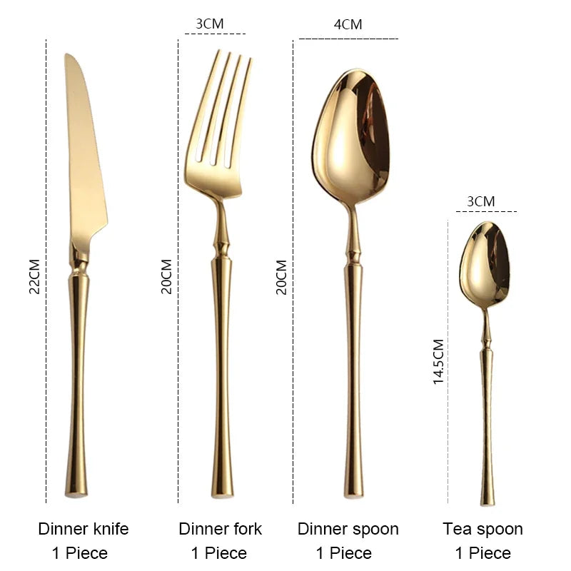 Nisu Home Cutlery Set featuring a gold dinner knife, fork, spoon, and tea spoon with elegant design