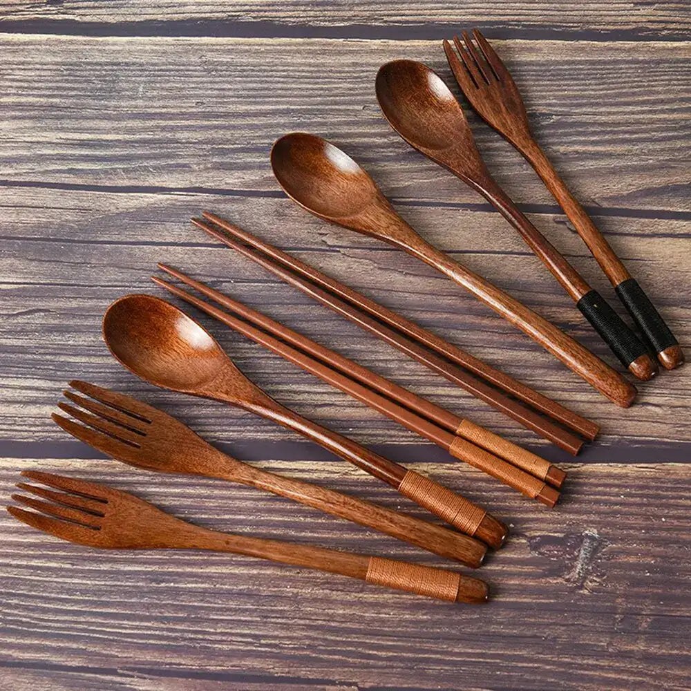 Nisu Home Wooden Cutlery Set featuring spoons, forks, and chopsticks for eco-friendly dining