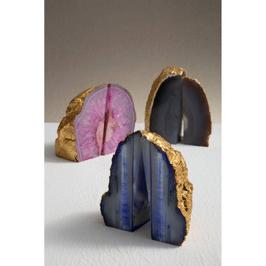 Stylish Orsina agate bookends in pink, grey, and blue with gold detailing for a decorative touch