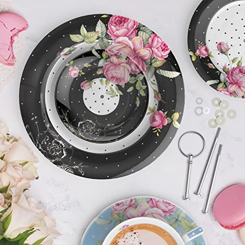 Elegant black cake stand adorned with pink floral design, perfect for displaying desserts
