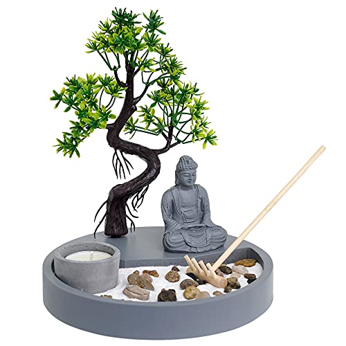 Zen decorative set featuring a candle holder, Buddha statue, and artificial tree for calming spaces