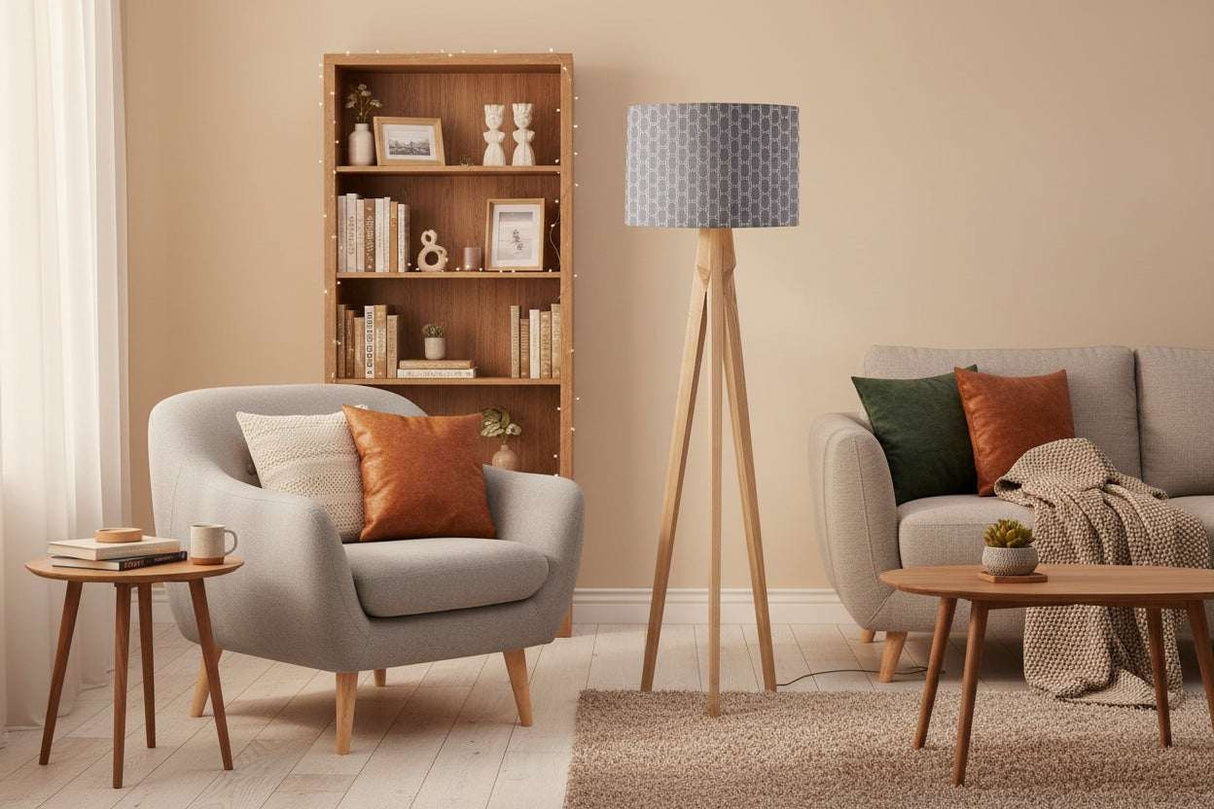 Stylish Shadow Bright lampshade on a tripod lamp in a modern living room setting