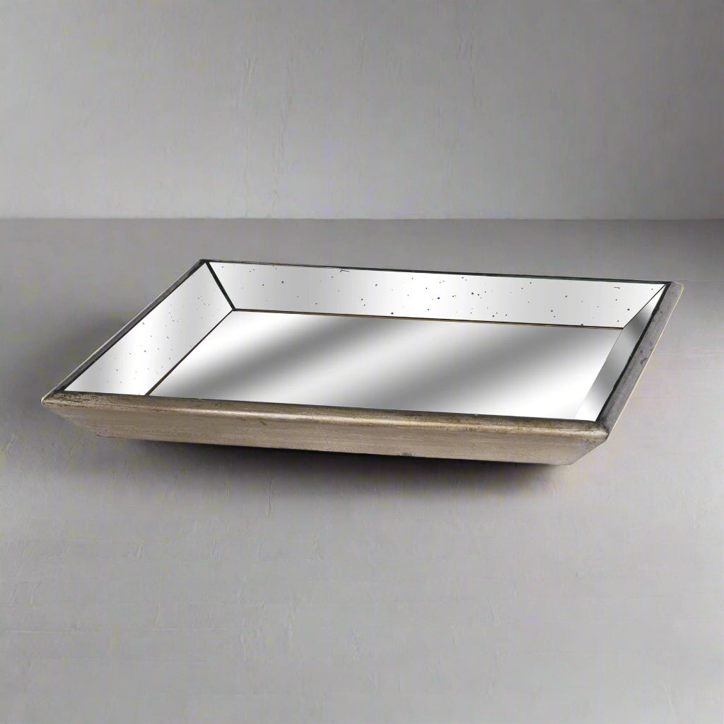 Astor Distressed Mirrored Square Tray With Wooden Detailing Large GOLD GLASS Shades 4 Seasons