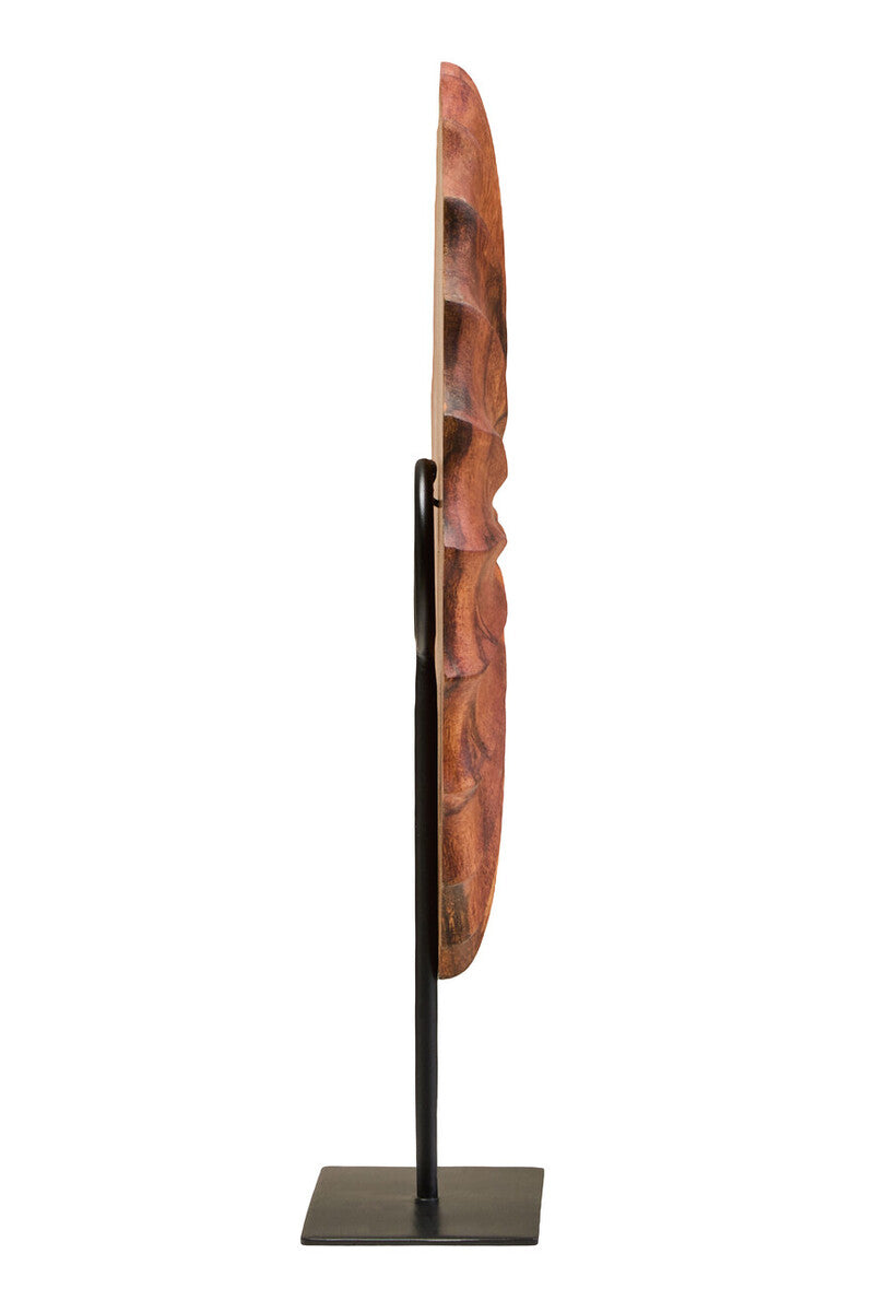 Orsina Sculpture in intricate design with a wood finish, mounted on a sleek black stand