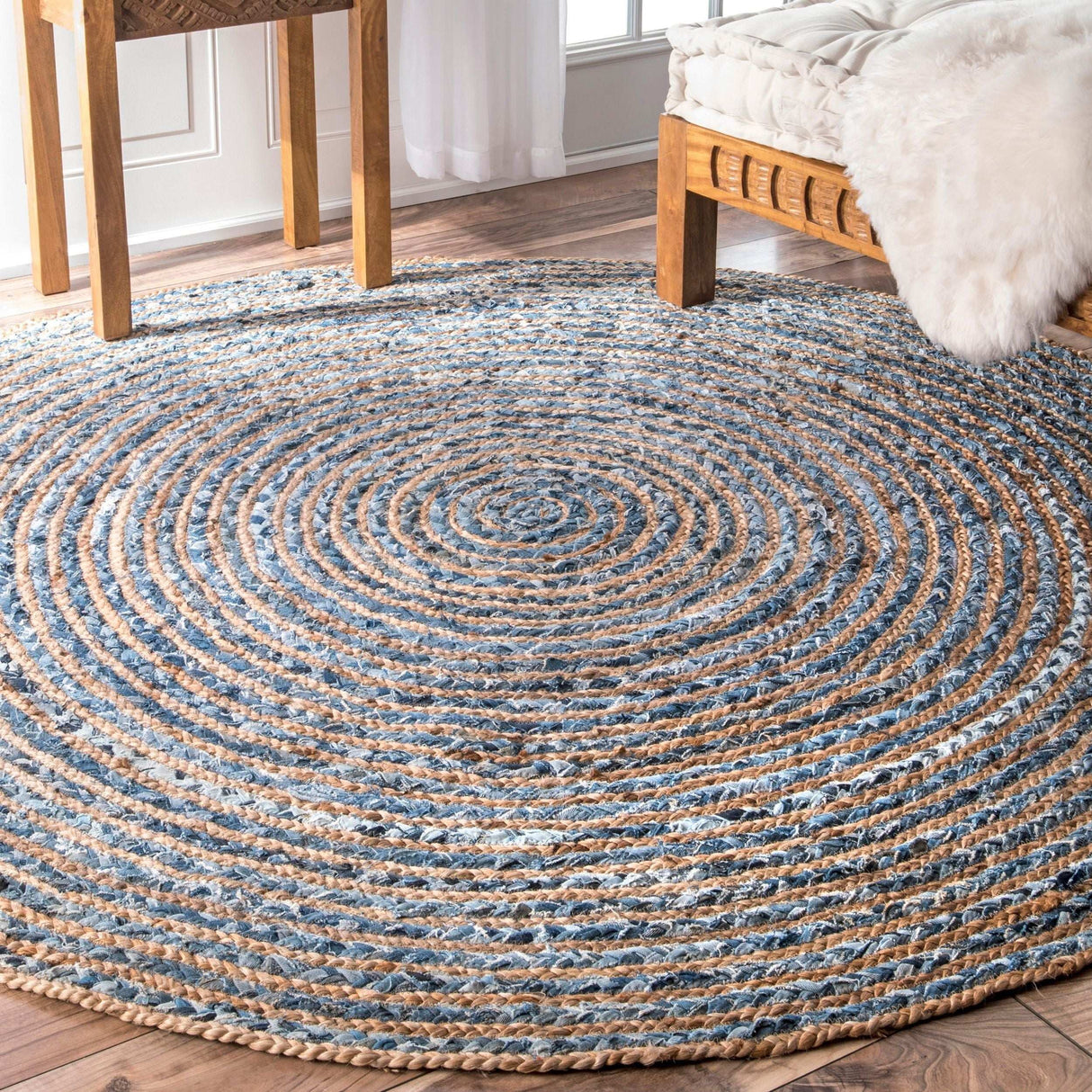 Round Jute and Recycle Denim Rug - 120 cm AW-Dropship