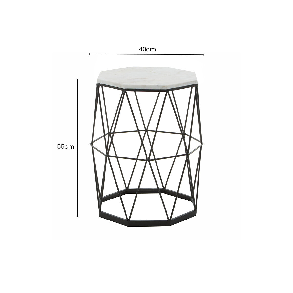 Orsina Hexagonal Side Table with a Stylish Metal Frame and Marble Top, 40cm wide and 55cm high