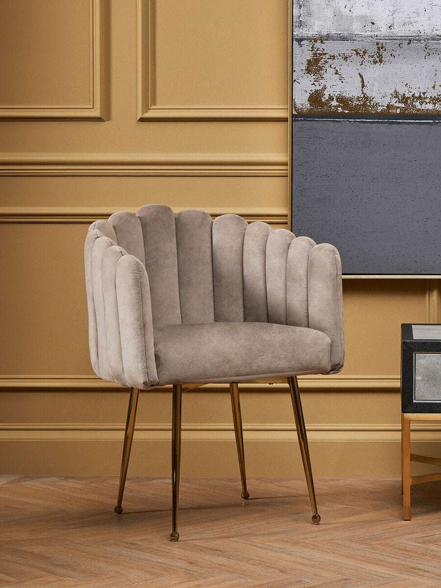 Orsina Dining Chair with a plush, scalloped design and gold metal legs for a stylish dining room