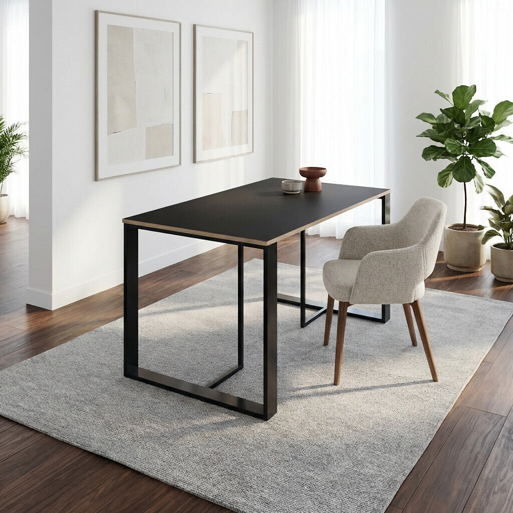 Decortie modern dining table with minimalistic design and sturdy black frame in a bright dining room