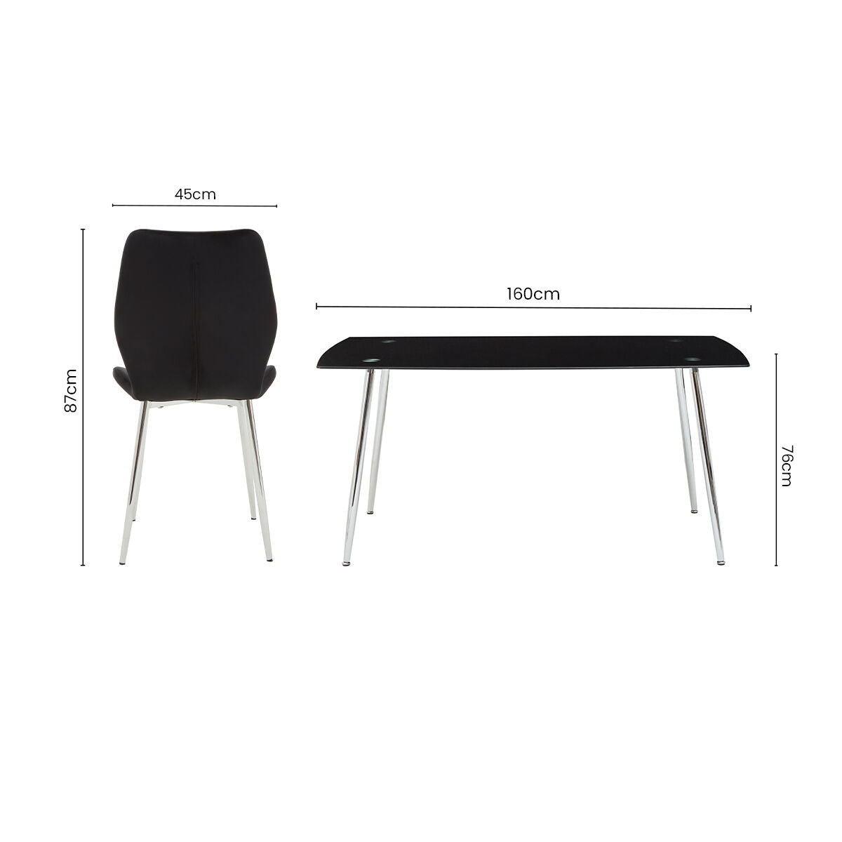 Orsina Dining Table and Chair Set with Black Finish and Chrome Legs for Modern Dining Spaces