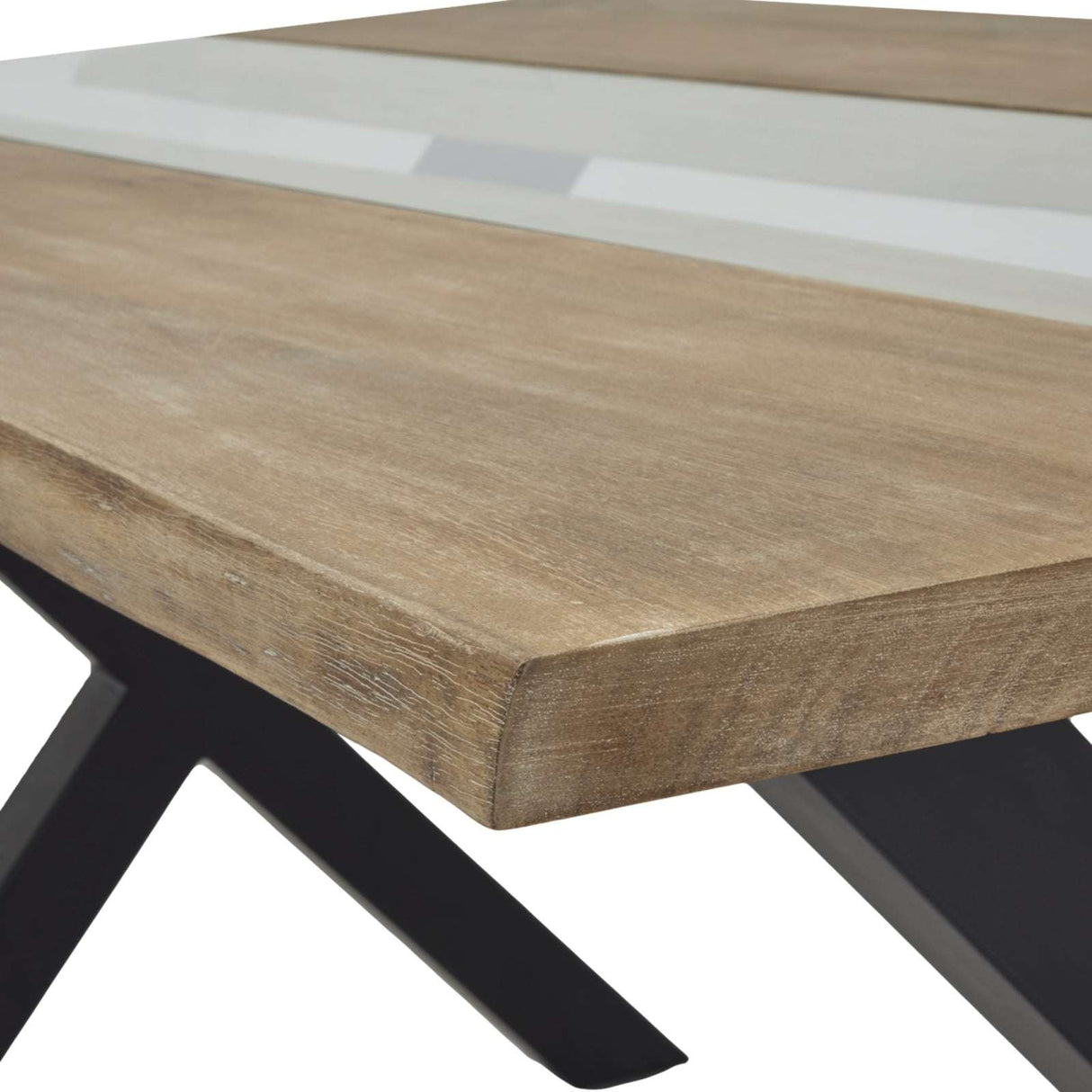 Shades 4 Seasons Dining Table with a natural wood finish and modern black metal legs