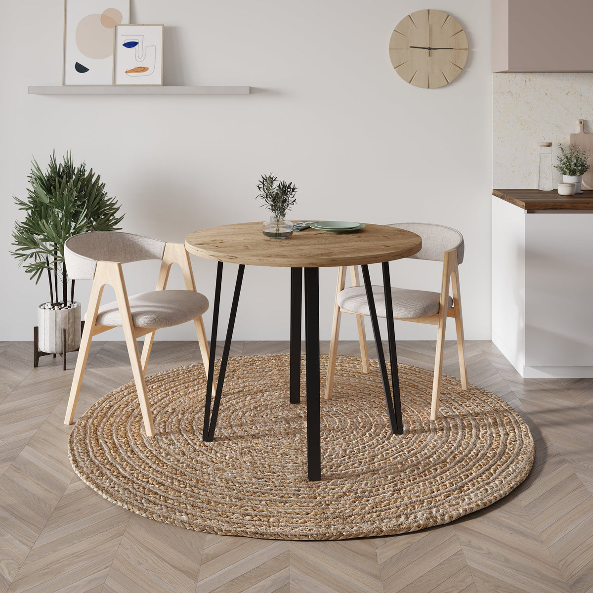 Decortie Dining Table with a round wooden top and sleek black legs in a modern dining room setup
