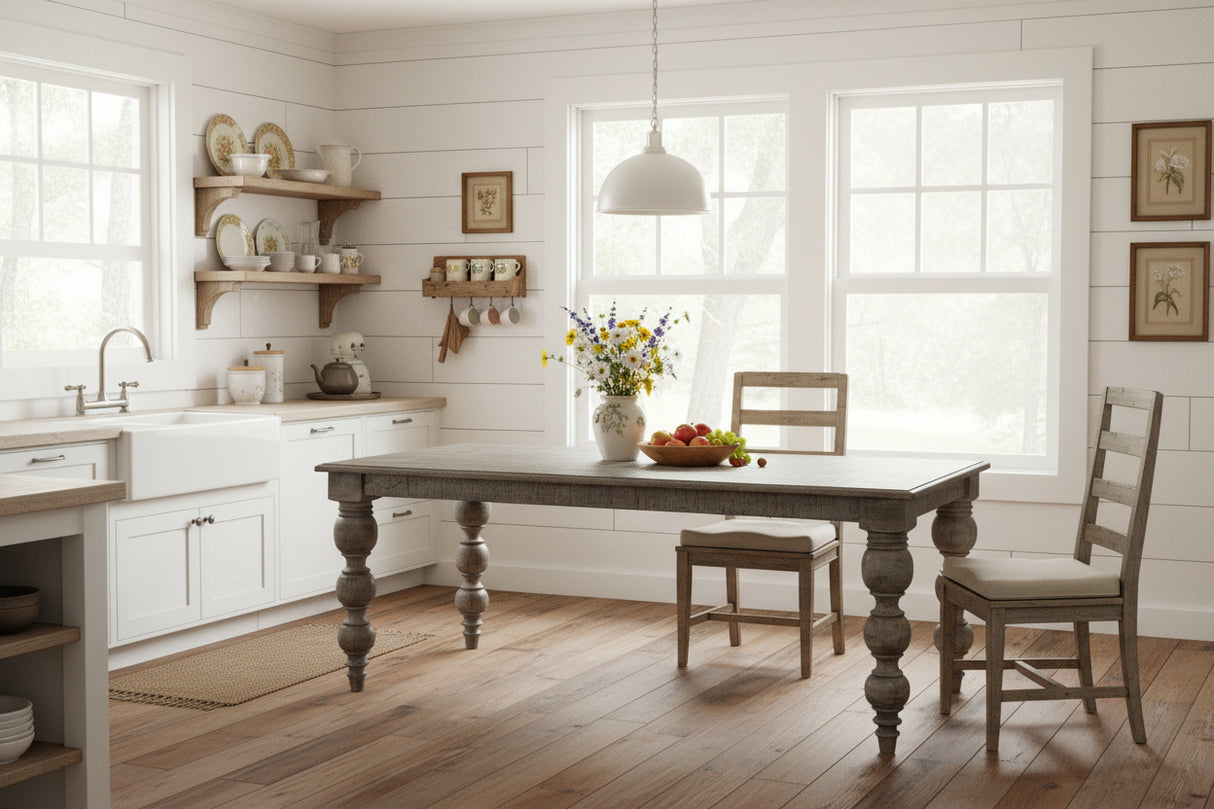 Shades 4 Seasons rustic dining table with turned legs in a bright kitchen setting