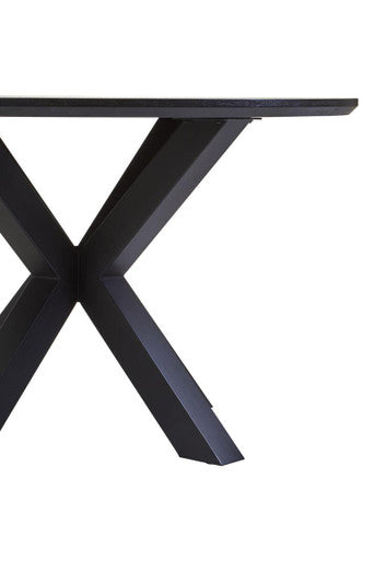 Orsina Dining Table with a modern black X-shaped base for contemporary dining rooms