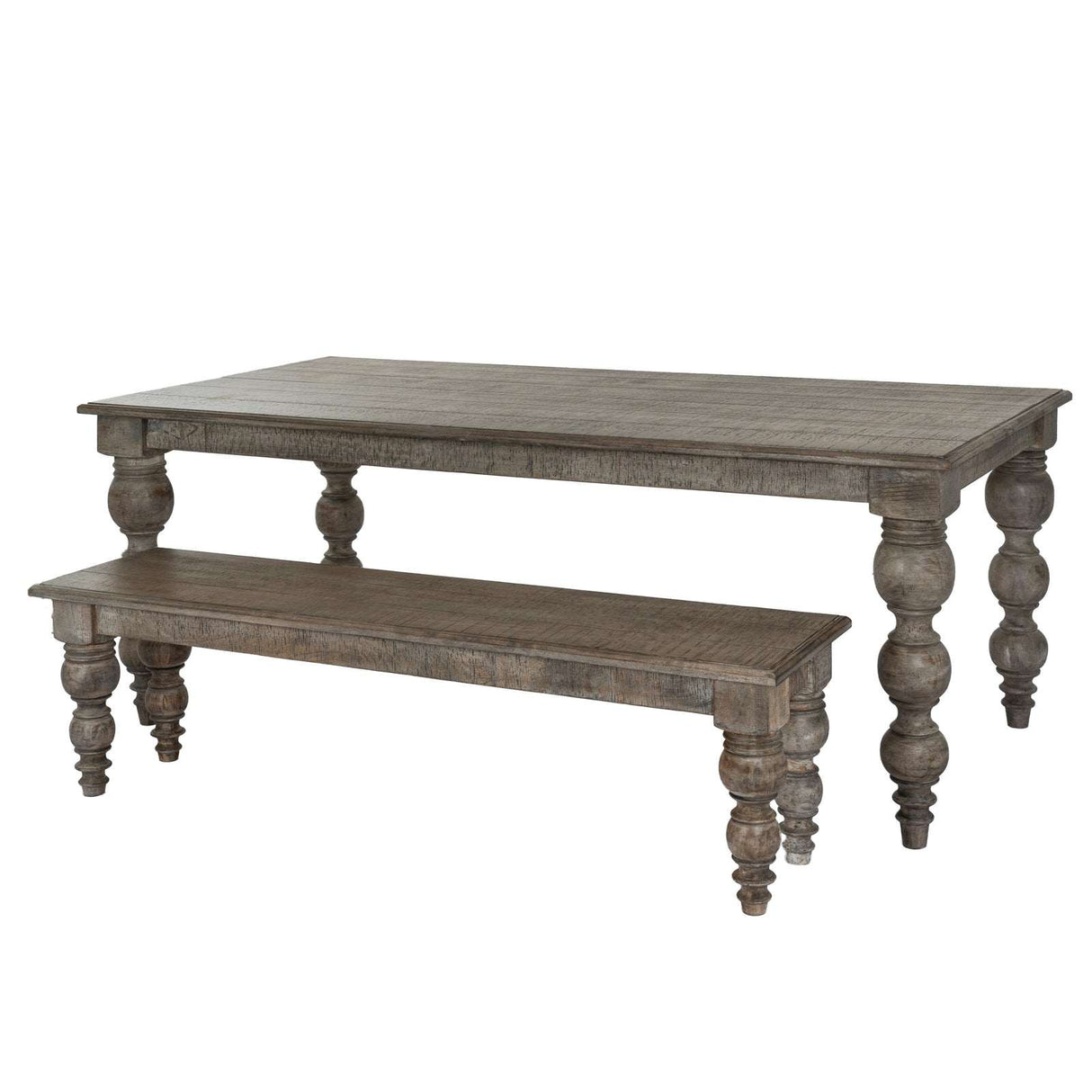 Shades 4 Seasons rustic wooden dining table with elegant turned legs and a matching bench