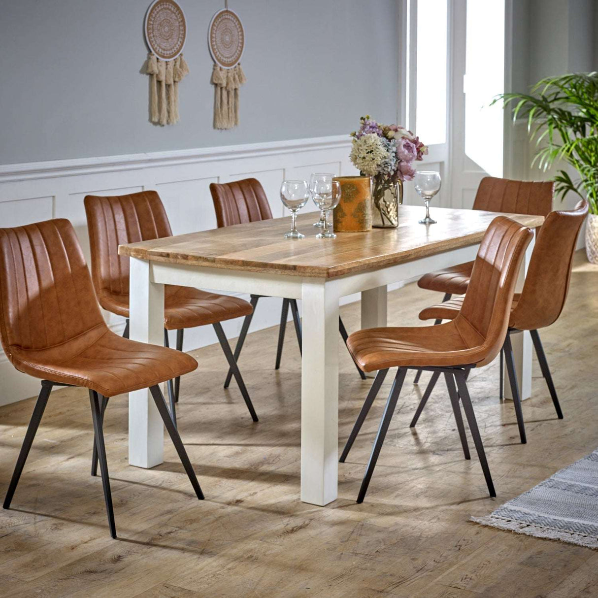 Verty Furniture Dining Table with a Natural Wood Top and Six Stylish Brown Chairs for Modern Dining Spaces